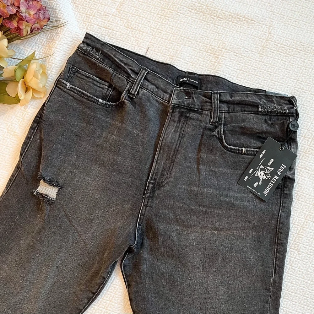 NWT True Religion Men’s Logan Relaxed Tapered Fit Black Distressed Jeans Size 32